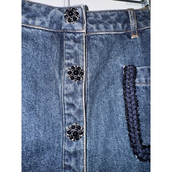 Self Portrait Skirt Button Front Pockets Embellished Blue Jean Skirt - Picture 7 of 16